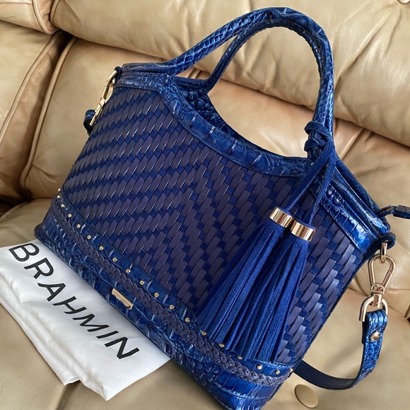 Brahmin Woven LEATHER Vista Blue Eldorado Elaine Bag Croc Tassel Charm - Picture 2 of 14